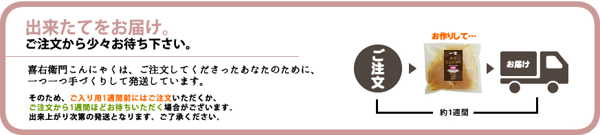 喜右衛門の手づくり有機こんにゃくは、ご注文いただいてからお作りして、出来たてを発送しています。